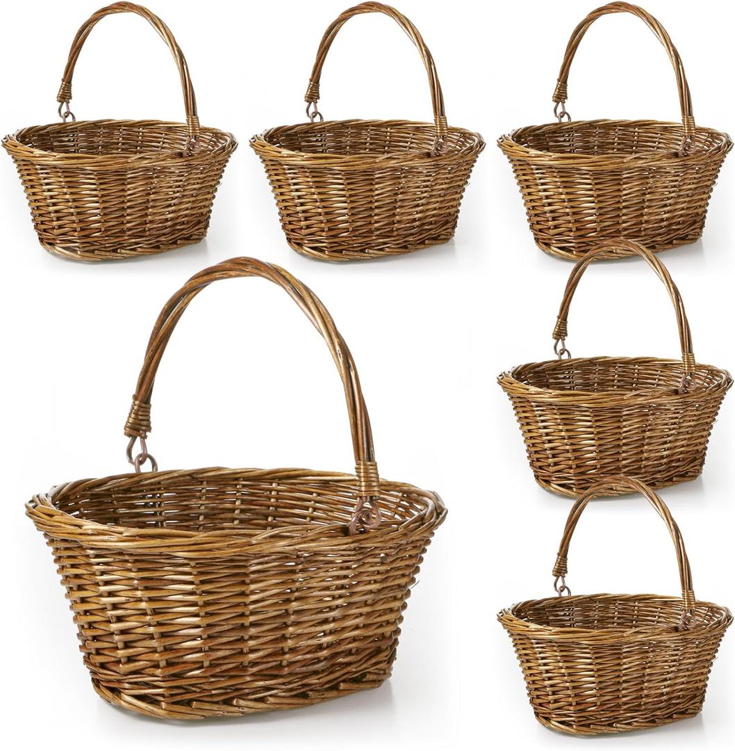 Barydat 6 Pcs Small Wicker Picnic Basket with Handle Flower Girl Baskets Oval Willow Woven Braided Gift Basket for Weddings Baby Shower Summer Home Garden Decor(12'' X 9'' X 5'',Brown)