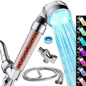 LED Handheld Shower Head Set with Filtration, Automatic 7-color Changing Shower Head Kit, High Pressure Handheld Shower Head with Hose and Bracket, Water Saving Showerheads with Filtration Beads
