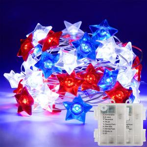 WATERGLIDE 2 Pack 4th of July String Lights, 16FT 50LED Red White and Blue Patriotic Star Lights, Battery Operated with 8 Modes & Timer, Waterproof Indoor Outdoor for Memorial Day Independence Day