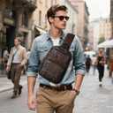 Vintage PU Leather Sling Backpack, Crossbody Shoulder Bag with Adjustable Strap, Multi-Pocket Compact Travel Chest Bag for Daily Use, Dark Brown