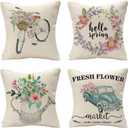 Tosewever Set of 4 Decorative Hello Spring 20 x 20 Inches Throw Pillow Covers - Bicycle Car Linen Square Pillow Cushion Case for Sofa Couch Bed Home Outdoor Car (20" x 20", Spring/Flower)