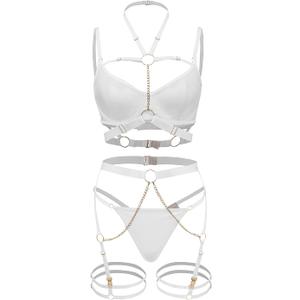 Foxiny Sexy O Ring Chain Strappy Push Up Choker Garter Belt Outfits Lingerie Set 3 Piece (Small, White)