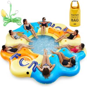Hungdao 14.5 Ft Giant Inflatable Floating Island for 8-10 People, Large Lake Party Float Platform with Mesh Seats Cup Holders Coolers, Heavy Duty Pool Lake Floating Dock Raft for Adults Groups