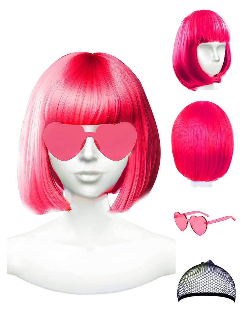 Wig and Party Sunglasses - Hot Pink Wig for Women With Bangs, Dark and Neon Pink Options - Bachelorette Party Decorations Favors