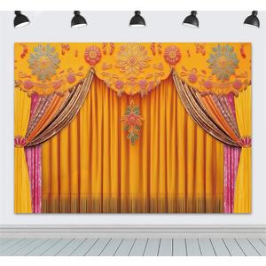 Indian Backdrop 7x5ft India Pooja Marigold Yellow Curtain Photography Background for Wedding Diwali Traditional Festival Party Decorations