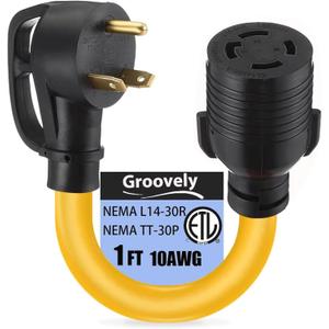 Groovely TT-30P Revolution L14-30R Female Repeater Motor Adapter Wire,30AMP 3-Pin to 4-Pin Generator Plug Adapter,10AWG Generator Adapter Wire