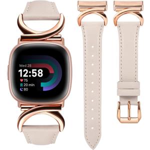Minyee Leather Bands Compatible with Fitbit Versa 4/Versa 3/Fitbit Sense 2/Sense Band Women, Slim Thin Dressy Designer Premium Leather Strap with C-Shape Metal Buckle for Versa 3 4 Sense 2 Smartwatch (Starlight/Rose Gold)