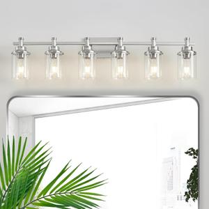 6-Light Bathroom Vanity Light, Brushed Nickel Fixtures Over Mirror, Wall Mount with Clear Glass Shade, Modern Wall Sconce