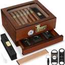Tesonway Cigar Humidor, Cedar Wood Humidor Cigar Box, Glass Top Desktop Humidor with Front Hygrometer, Humidifier, Divider, Accessories Drawer and Combination Lock, Cigar Gifts for Men (Brown)