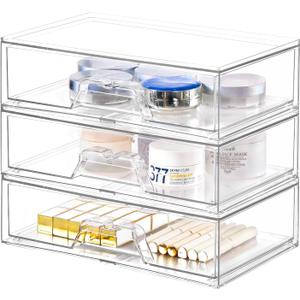3 Pack Stackable Makeup Organizer, 12.1''L Acrylic Bathroom Organizer and Storage Undersink Drawer, Cosmetics and Beauty Supplies, Clear Plastic Storage Bins for Vanity, Pantry, Desk, Cabinet, Kitchen