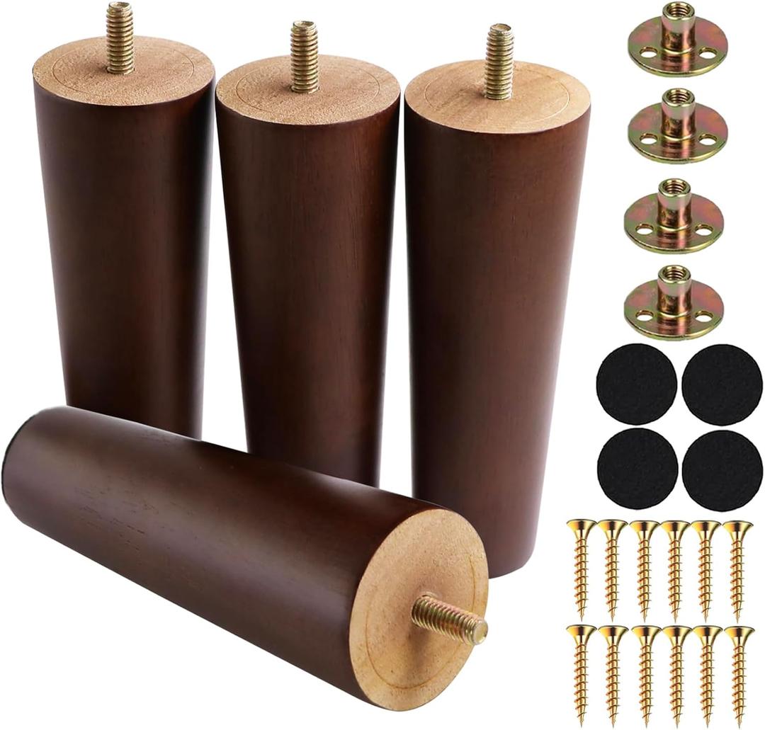 6 Inches Round Solid Wood Furniture Legs Set of 4, Brown Wooden Replacement Feet with Threaded 5/16'' Hanger Bolts for Sofa, Couch, Armchair, Cabinet, TV Stand, Ottoman and Dresser