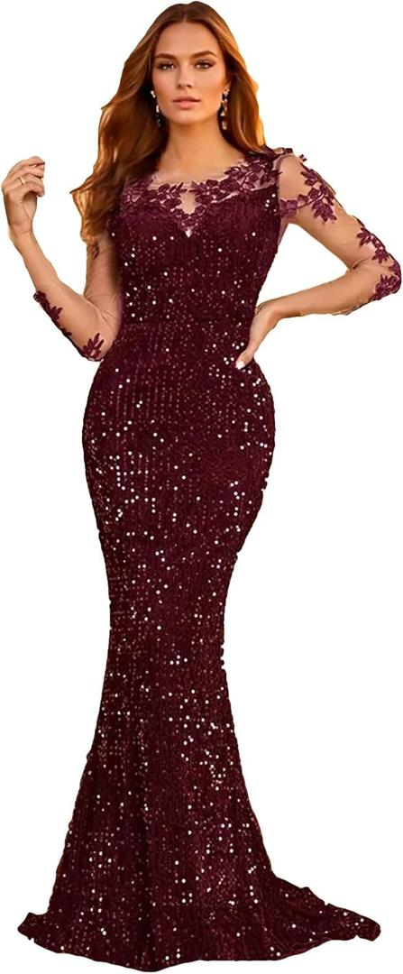 Velvet Sequin Full Sleeve Lace Floral Party Evening Dress Burgundy X-Large