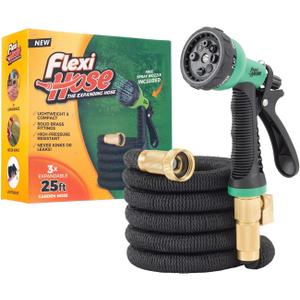 Flexi Hose Expandable Garden Hose with 8 Function Nozzle, 25FT - Lightweight Retractable Garden Hose, Water Hose - No-Kink Flexibility, 3/4 Inch Solid Brass Fittings and Double Latex Core