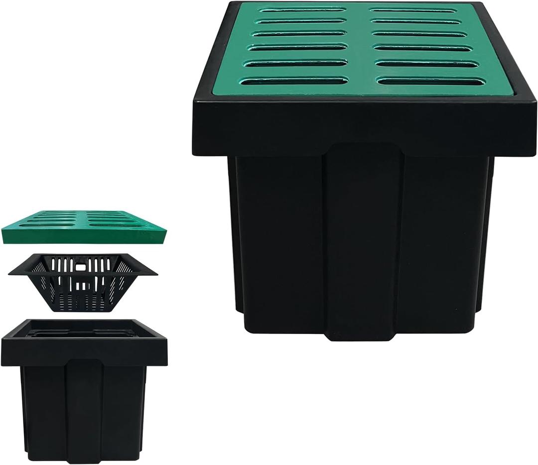 Catch Basin for Drainage with Fiber Glass Grate-18x18x15 in. Large Drainage Basin with Debris Basket,A15 French Drain Basin Without Reserved Hole for Yard,Downspout,Lawn,Municipal Pipeline