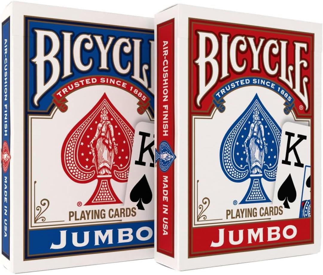 Bicycle Jumbo Index Playing Cards , 2 Pack Large Print Poker Size Deck of Cards for Easy Reading, Family Card Games, and Casino Play