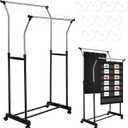 Double Layer Pocket Chart Stand Adjustable to 63 Inch Anchor Chart Holder with Casters Rolling Stainless Steel Teacher Supplies with 10 Hooks for Classroom Teaching Educational Tool(Black)