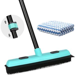 Rubber Broom Carpet Rake for Pet Hair Removal, Fur Remover Broom with 59" Telescoping Long Handle, Pet Hair Broom with Squeegee for Carpet, Hardwood Floor, Tile (Elegant Blue Rubber Broom)