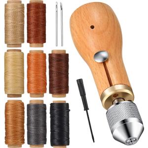 WILLBOND 12 Pcs Leather Sewing Awl Kit Hand Stitcher Including Handheld Sewing Repair Awl Straight and Bent Needles and 8 Rolls Waxed Threads with Small Screwdriver for DIY Craft