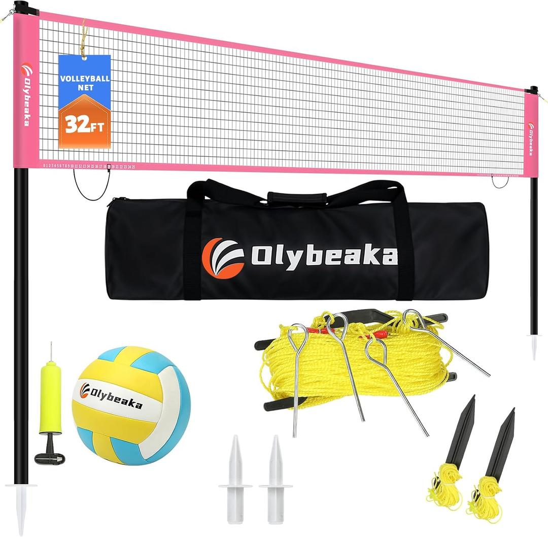 32ft Regulation Size Portable Outdoor Volleyball Net Set System for Backyard Beach with Height Adjustable Poles, PU Volleyball and Pump, Carry Bag, Boundary Line - Easy Set Up & Anti-Sagging