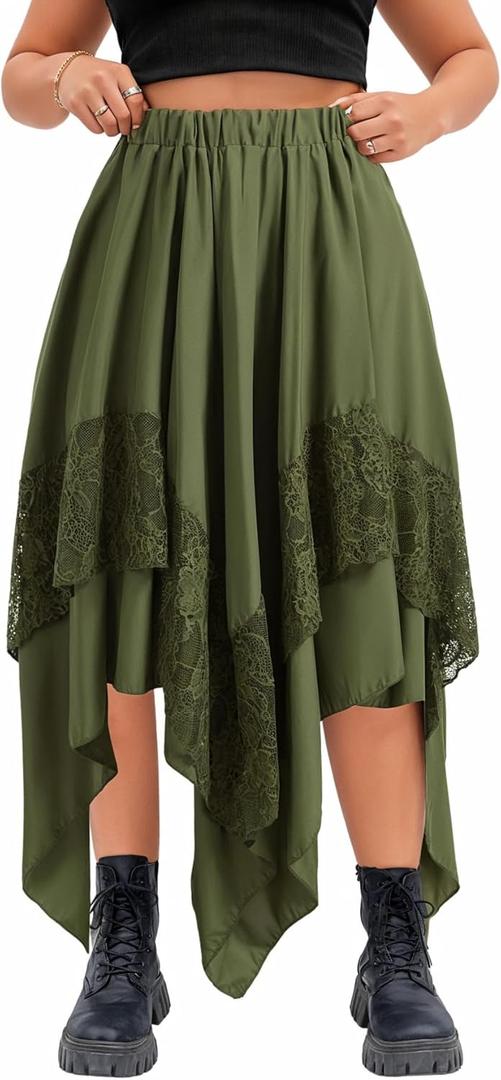 Verdusa Women's Renaissance Flowy Fairy Skirt Y2k Contrast Lace Layered Asymmetrical Midi Skirts (3X-Large Plus, Green)