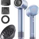 PLUZZ Professional Hair Dryer with Diffuser for Curly Hair, 400M Negative Ionic Blow Dryer for Fast Drying, 120,000 RPM High-Speed Brushless Motor, Low Noise Lightweight, Travel-Friendly (Silver Blue)