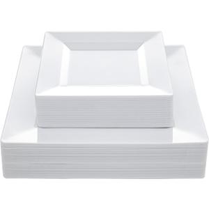 N9R 60PCS White Square Plastic Plates, 30 Dinner & 30 Dessert Plates Heavy Duty, Fancy Disposable Plates for Party, Wedding and other Events