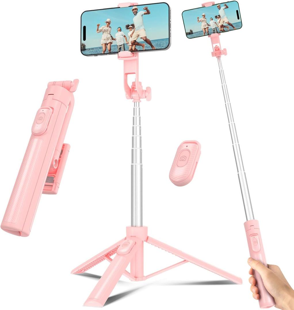 Selfie Stick Travel Tripod for Cell Phone with Remote Control and Phone Holder, Extendable Selfie Stick for iPhone, iPhone Tripod for Video Recording, 50 Inch, Pink