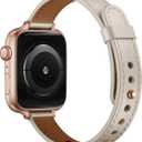 OUHENG Slim Bands Compatible with Apple Watch Band 42mm 41mm 40mm 38mm, Women Genuine Leather Replacement Thin Strap for iWatch SE 3/2/1 Series 11 10 9 8 7 6 5 4 3 2 1 (Ivory White/Rose Gold)