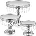 Eaasty 3 Pcs Cake Stand Set Round Cake Stand with Crystal Bling Pendants Dessert Table Display Set for Wedding Event Birthday Party Dessert Table(Silver)