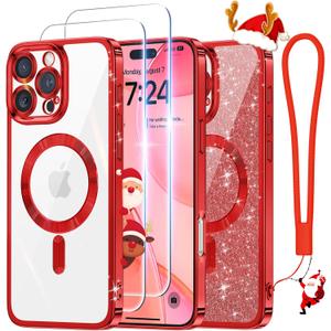 Meifigno Designed for iPhone 16 Pro Max Case Christmas Red, [Glitter Card & Wrist Strap] [Compatible with MagSafe] [2X Screen Protectors] Surround Lens Protection Designed for 16 ProMax Case 6.9"
