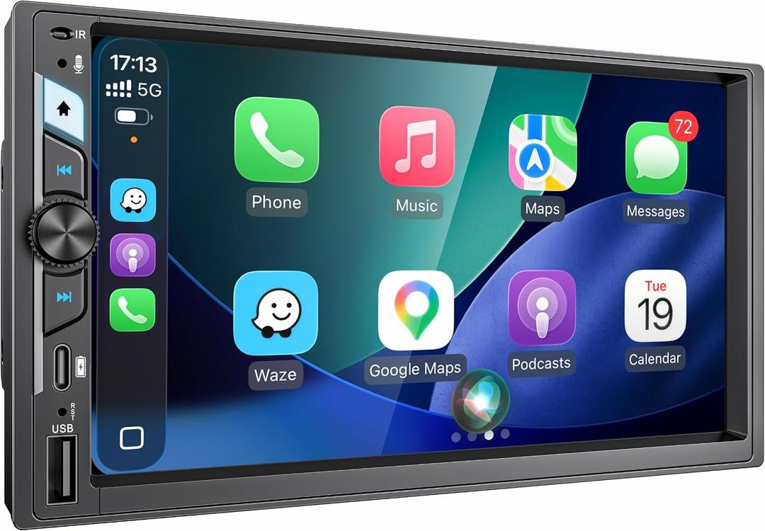 7 Inch Double Din Car Stereo with Wireless Apple CarPlay & Android Auto, HD Touchscreen Car FM Radio with Bluetooth Handsfree, Wireless Mirror Link, Airplay, USB-C Fast Charge, 12LED Backup Camera