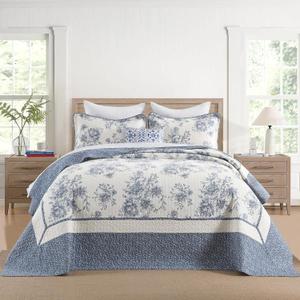 Oversized King Bedspreads 128"x120", 100% Cotton Floral California King Quilt Extra Large Coverlet, Lightweight Farmhouse Quilted Bedding Set 3 Piece, Blue/Cream White