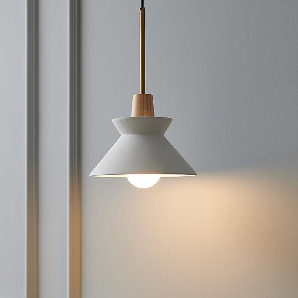 Concrete Pendant Light Fixture, White Industrial Hanging Light, Adjustable Kitchen Island Pendant Lighting with Wood Decoration