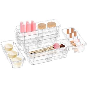 8 Pcs Medium Extendable Clear Drawer Organizer, All Adjustable Vanity Storage Box, 2-Size Desk Drawer Organizer, Acrylic Storage Bins for Makeup, Cosmetic, Bedroom Dressers Tool Organizer for Gadgets