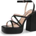 ISNOM Platform Chunky Heels for Women, Block Heel Sandals with Open Square Toe and Ankle Strap (7, Black)