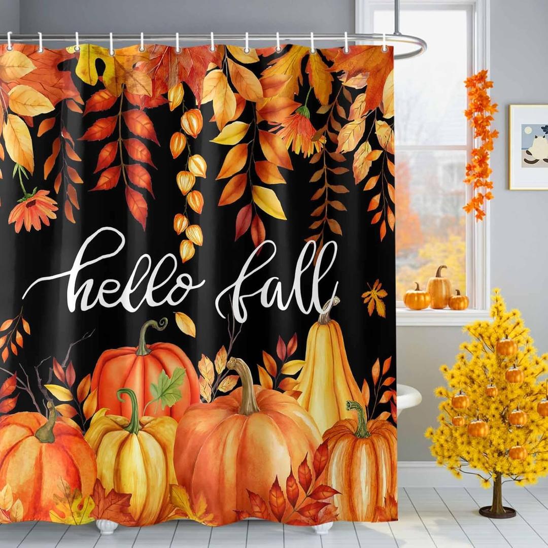 Fall Shower Curtain for Bathroom Hello Orange Pumpkin Shower Curtains Set with 12 Hooks Hello Fall Maple Leaf Bath Curtain for Thanksgiving Decor Waterproof Fabric 72x72 Extra Long