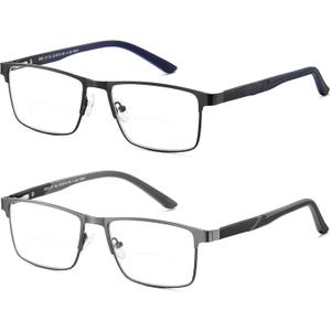 2 x 2 Pack Multifocal Progressive Reading Glasses Men, Blue Light Multifocus Bifocal Readers for Mid and Near Range (Bifocal Black & Grey)