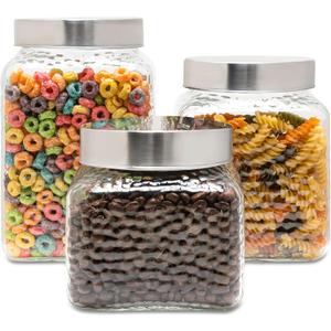 Style Setter Square Canister Set 3-Piece Glass Jars in 43, 64 and 75 ounces Chic Retro Design with Airtight Stainless Steel Lids for Cookies, Candy, Coffee, Flour, Sugar, Rice, Cereal Hammered