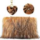 3 Pcs Faux Fur Handbag for Women Set Fuzzy Hair Tie Pom Heart Keychain Leopard Accessories