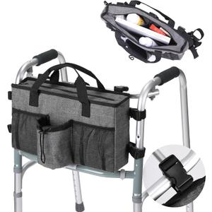 Bag for Walkers for Seniors with Pockets Walker Accessories Cup Holder Foldable Walker Pouches Storage Tray Basket (Gray)