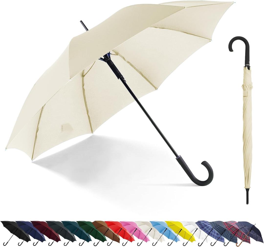 Large Stick Umbrella Windproof Automatic Open 50 Inch Umbrella with Hook Handle, Over Sized J Handle Umbrellas for Men and Women, Windproof Unbreakable Stick Rain Golf Umbrella