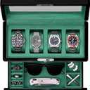 ROTHWELL 4-Slot Piano Black Watch Box with Valet Drawer - Premium Jewelry Display Case Organizer with Locking Glass Top and Microsuede Liner for Men & Women (Green Interior)