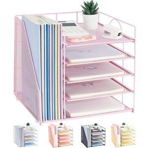 LEKETREE Desk Organizers and Accessories, 5-Tier Paper Letter Tray Organizer with File Holder, Desktop Organizer for Office Supplies (Pink) (12" x 12" x 12")