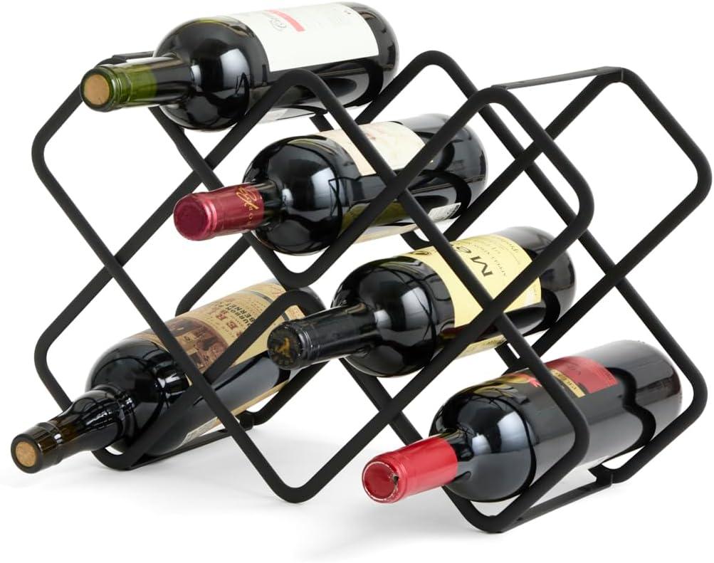 Metal Rack Matte Black Carbon Steel, 10-Bottle Countertop & Hangable Holder, Modern Geometric Design, Rustproof, Under-Cabinet Display, No Assembly Needed for Countertop Use