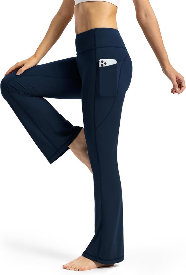Tapata Petite Women's Bootcut Yoga Pants 26"/28" Inseam High Waist Workout Flare Leggings with Pockets (Large, Navy Blue)