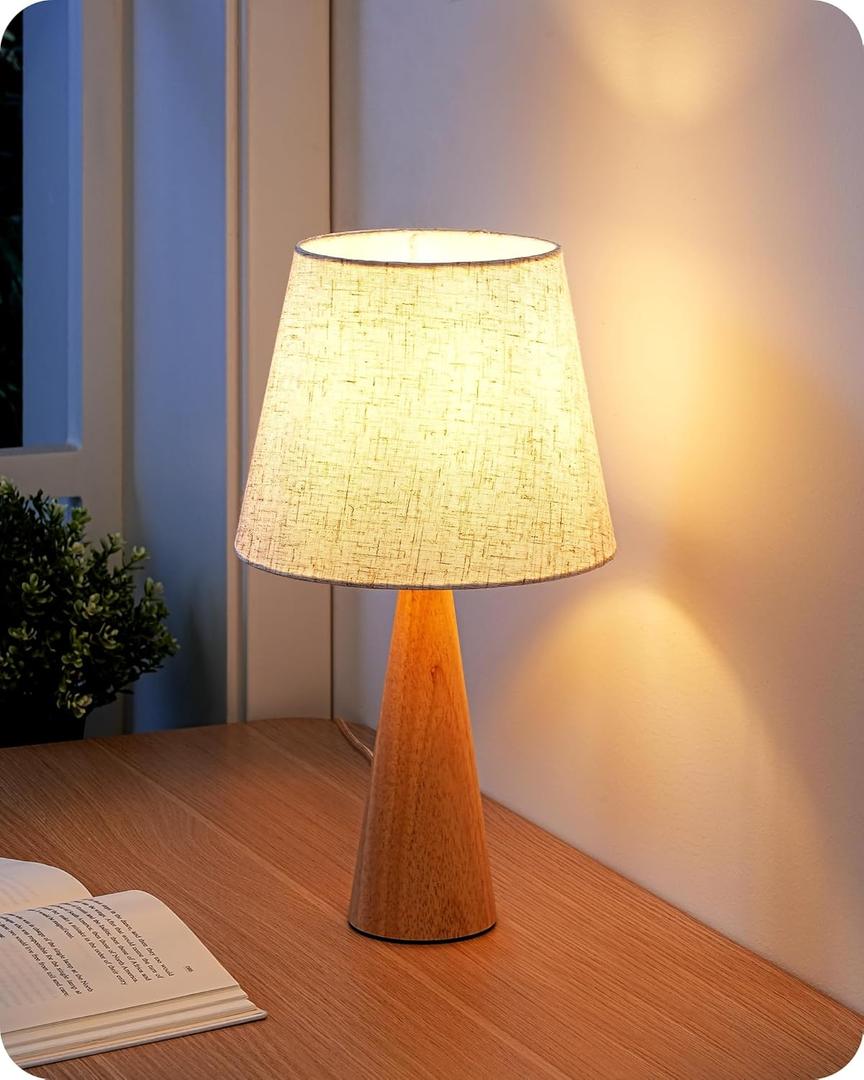 EDISHINE 13.58" Small Cute Table Lamp, Wooden Base Bedside Lamp with Beige Linen Lampshade, Space-Saving Nightstand Lamp for Nursery Bedroom Living Room, E26, ON-Off Button, Burlywood Base (Light Wood Color)