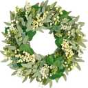 Vlorart 22 Inch Artificial Spring Summer Christmas Greenery Wreaths for Front Door Green Eucalyptus Leaf Wreath Decor Boxwood with Big Berries for Outside Year Round
