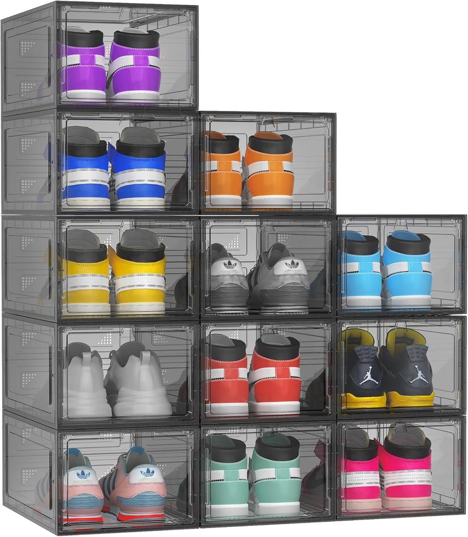 12 Pack Hard Sturdy Thickened Rigid XX Large Shoe Storage Organizer for Closet, Clear Stackable Sneaker Shoe Boxes Rack Containers Display Case Bins with Lids, Grey02