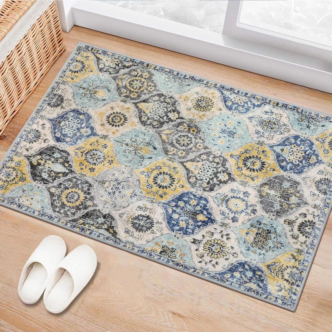 Lahome Moroccan Trellis Kitchen Rugs Non Slip Washable, 2x3 Rugs for Entryway Bathroom, Non-Slip Indoor Door Mat Ultra-Thin, Oriental Small Carpet for Bedroom Entry Elise, Yellow/Aqua (Faded Blue/Yellow)