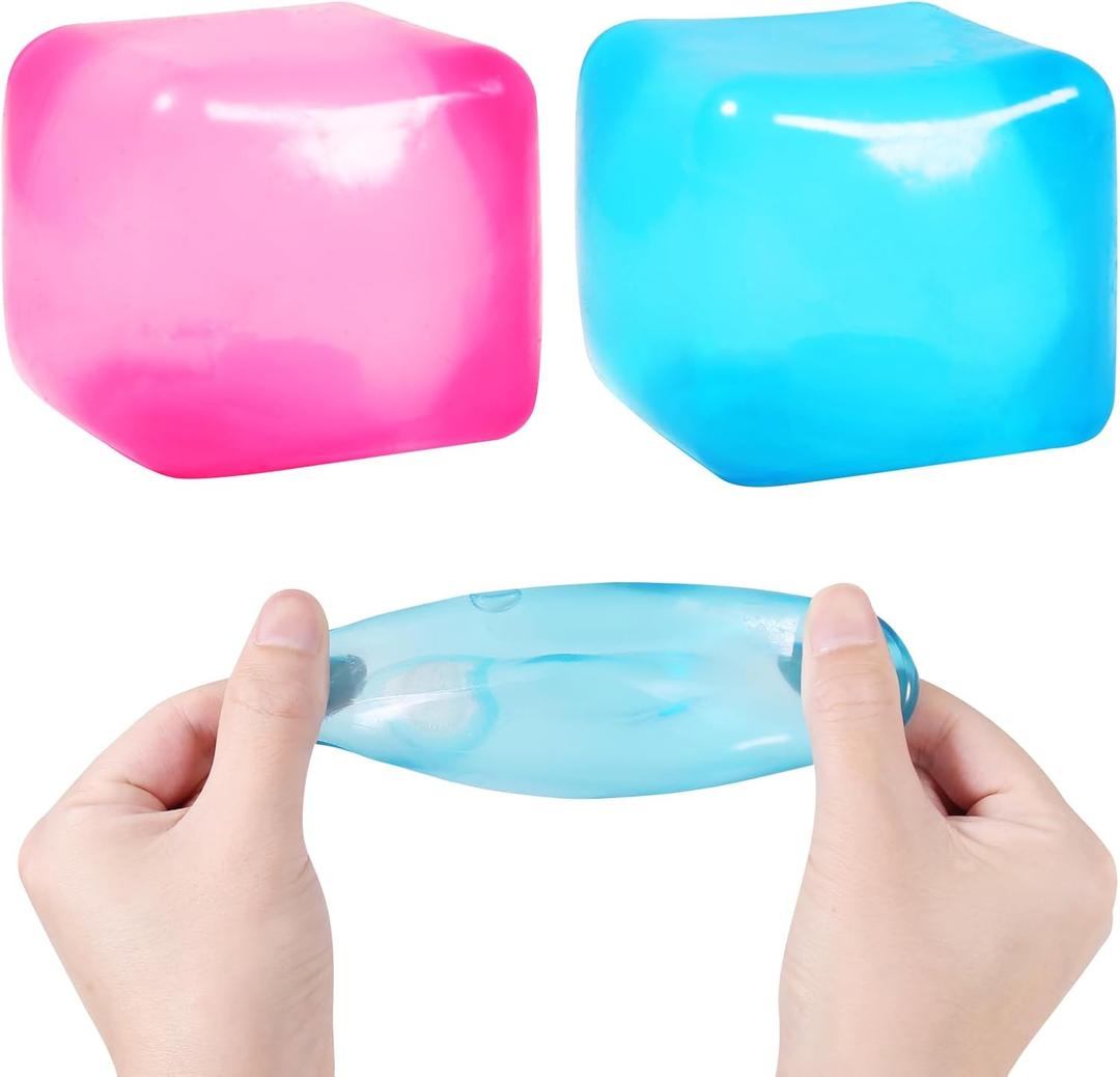 2pack Stress Cube Squishy Stress Balls for Kids Ice Cubes Squishy for Adults Fidget Toy for Your Best Mellow and Chill Square Shape with Filling in Pink Blue for All Age (2 Pcs)